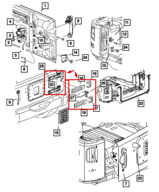 09-18 Jeep Wrangler Rear Tailgate Hinge Upper and Lower Set w/ Covers 55397091AC - Alshned Auto Parts