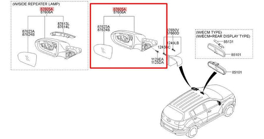 2010-2016 Kia Sportage LX 2.4L Driver Left Side Rear View Mirror 876103W510 OEM - Alshned Auto Parts