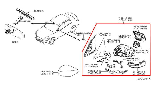 2015-2019 Infiniti Q50 Premium 3.0L RWD Passenger Right Side Rear View Mirror - Alshned Auto Parts