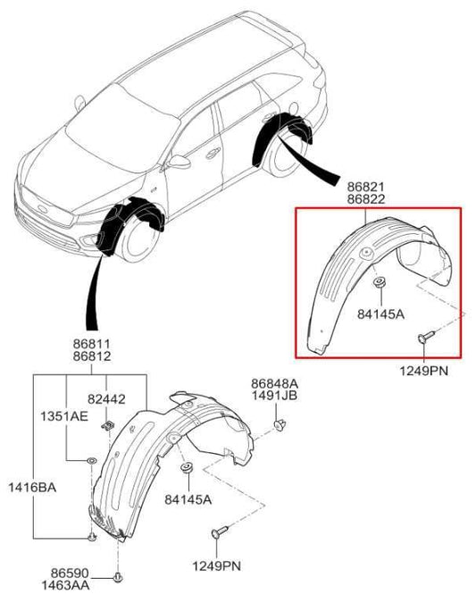 15-18 Kia Sorento EX Rear Right Side Wheelhouse Liner Splash Shield 86840-C6000 - Alshned Auto Parts