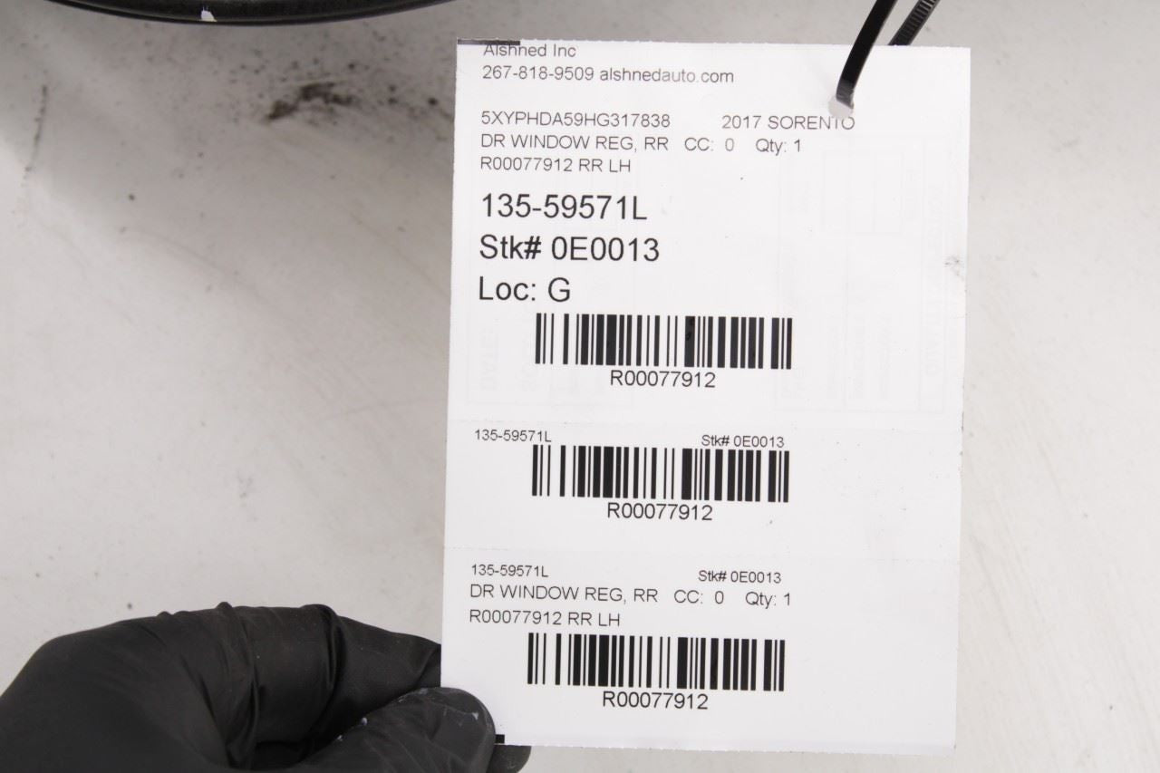 15-20 Kia Sorento EX Rear Left Side Door Window Regulator w/ Carrier and Motor - Alshned Auto Parts