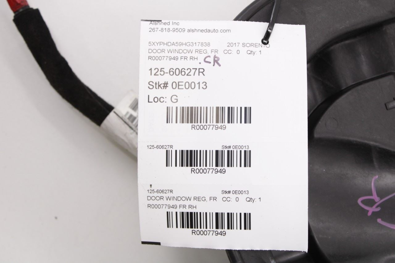 15-20 Kia Sorento EX Front Right Side Door Window Regulator w/ Carrier and Motor - Alshned Auto Parts