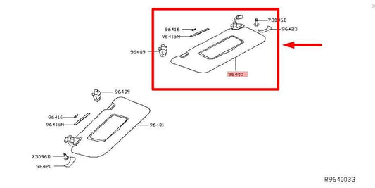 2014-18 Nissan Rogue S Front RH Sun Visor w/ Illuminated Mirror 96400-4BA1D OEM - Alshned Auto Parts