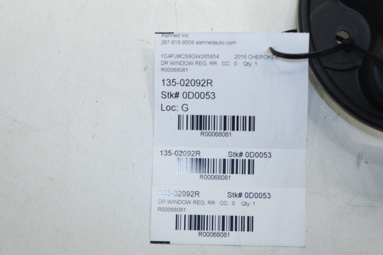 14-23 Jeep Cherokee 75th Anniversary Rear Right Door Window Regulator w/ Carrier - Alshned Auto Parts