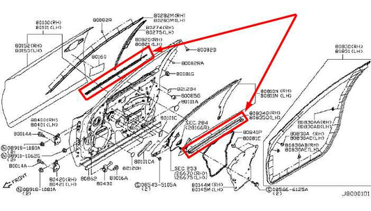 14-23 Infiniti Q50 Luxe RWD Front LH Door Belt Inner Outer Molding Weatherstrip - Alshned Auto Parts
