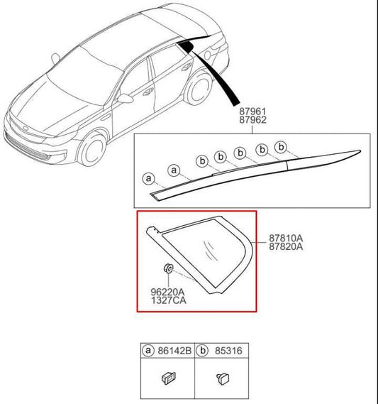 2016-2020 KIA Optima EX Rear Left Driver Side Quarter Window Glass 87810-D5000 - Alshned Auto Parts