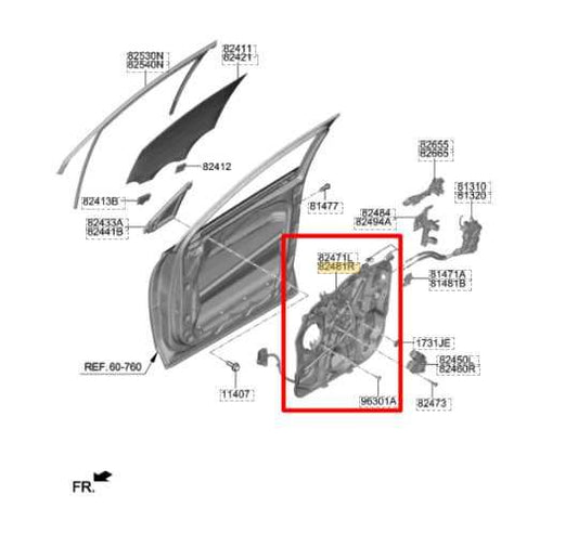 19-20 Hyundai Santa Fe Front RH Door Window Regulator w/ Carrier 82481-S2000 OEM - Alshned Auto Parts