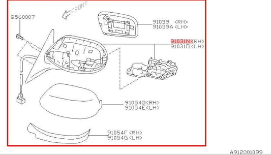 2008-11 Subaru Impreza Premium Passenger Right Side Rear View Mirror 91036FG100 - Alshned Auto Parts
