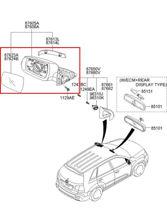 2009-2012 Kia Sorento Driver Left Side Rear View Mirror 87610-1U060 OEM - Alshned Auto Parts