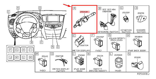 2014-17 Nissan Rogue SV Steering Column Turn Signal Wiper Switch 25560-4BA7E OEM - Alshned Auto Parts