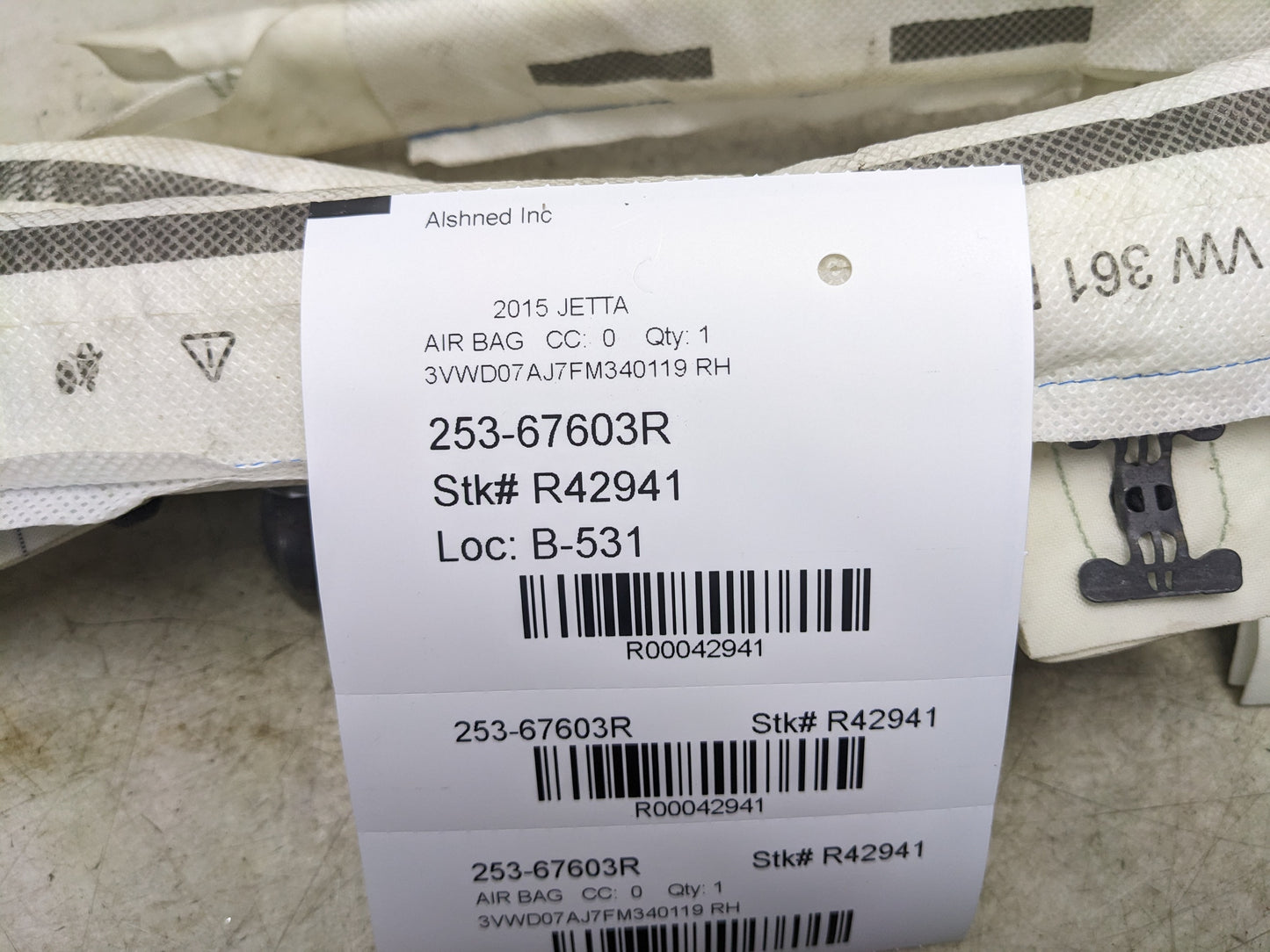 2014-18 Volkswagen Jetta Right Side Roof Inflator Curtain Air Bag 5C6-880-742-D OEM - Alshned Auto Parts