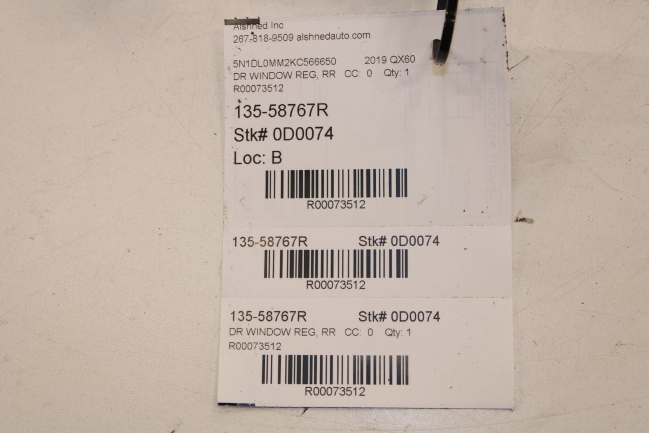 2014-20 Infiniti QX60 Pure Rear Right Door Window Regulator w/ Motor 82720-3JA1A - Alshned Auto Parts
