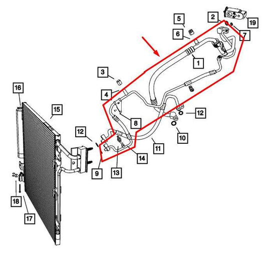 2012-18 Jeep Wrangler Sahara 3.6L AC Suction and Liquid Line Hose 55111375AE OEM - Alshned Auto Parts