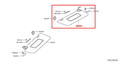 2014-18 Nissan Rogue Front Right Sun Visor w/ Illuminated Mirror 96400-4BA1D OEM - Alshned Auto Parts