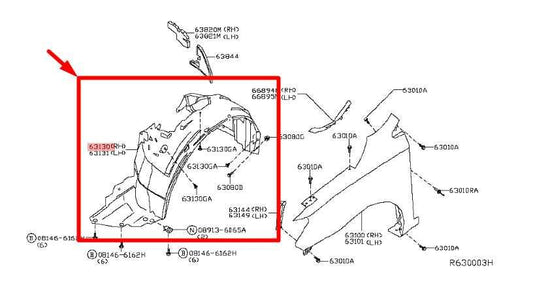 13-19 Nissan Sentra SV Front RH Fender Inner Liner Splash Shield 63840-3SH0A OEM - Alshned Auto Parts