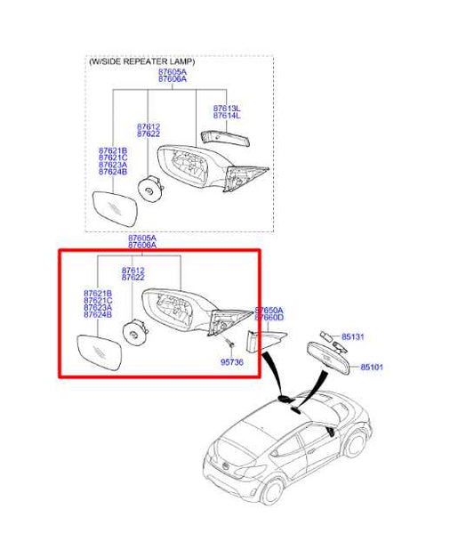 2011-14 Hyundai Veloster 1.6L Passenger Right Side Rear View Mirror 87620-2V310 - Alshned Auto Parts