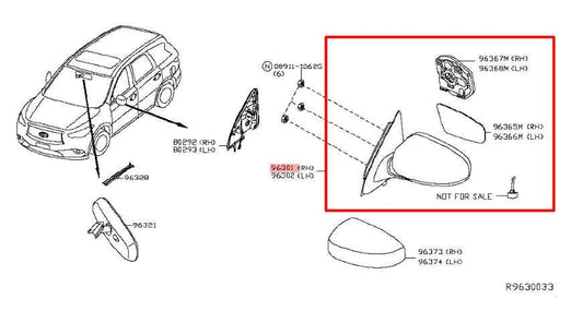 2013-17 Nissan Pathfinder 3.5L Passenger Right Side Rear View Mirror 96301-3KA9C - Alshned Auto Parts