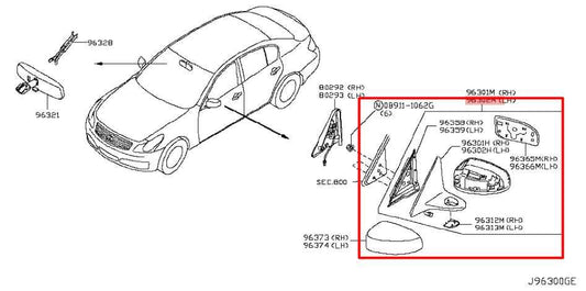 2008-13 Infiniti G37 3.7L AWD Driver Left Side Rear View Mirror 96302-1NC4A OEM - Alshned Auto Parts