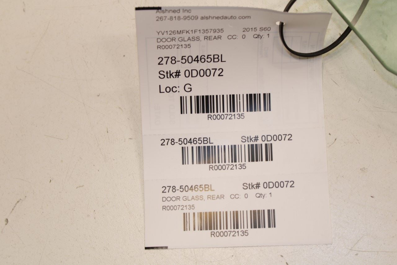 2015-2016 Volvo S60 T5 Premier Rear Left Driver Side Door Window Glass 31385416 - Alshned Auto Parts