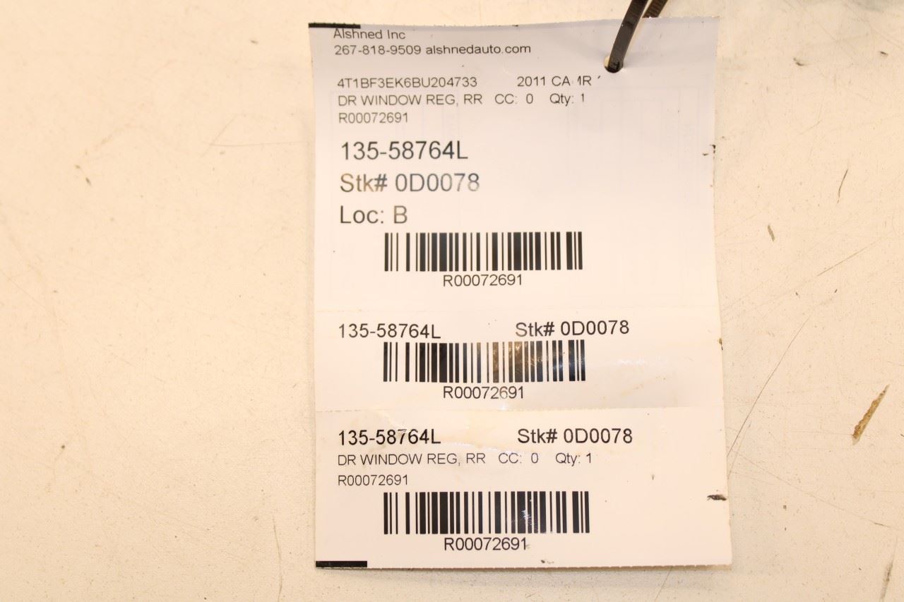 2007-2011 Toyota Camry LE Rear Left Driver Side Door Window Regulator w/ Motor - Alshned Auto Parts