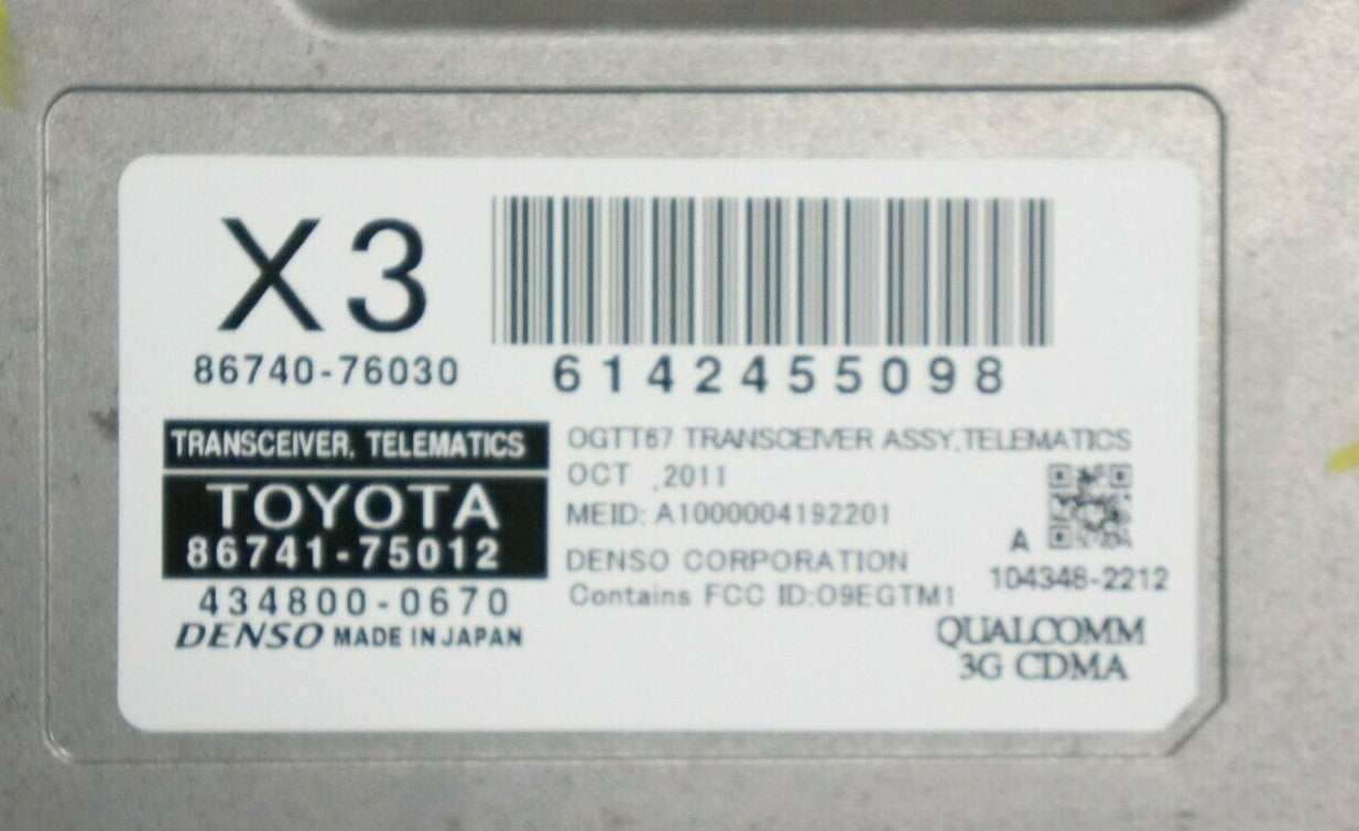 Lexus 11-14 CT200H 09-13 IS250 350 Transceiver Telematics Module OEM 86741-75012 - Alshned Auto Parts