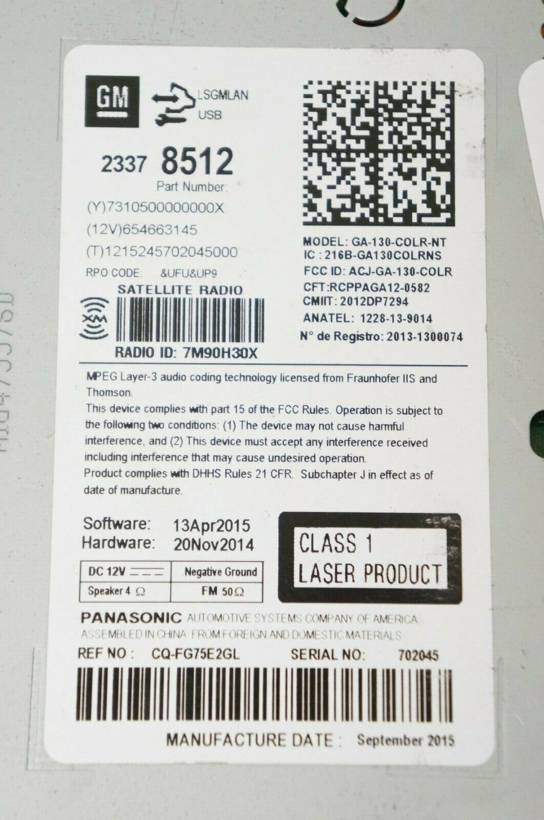 2016 Chevrolet Malibu Receiver AM FM CD MP3 USB  UFU OEM 23378512 *UnlockeD* - Alshned Auto Parts