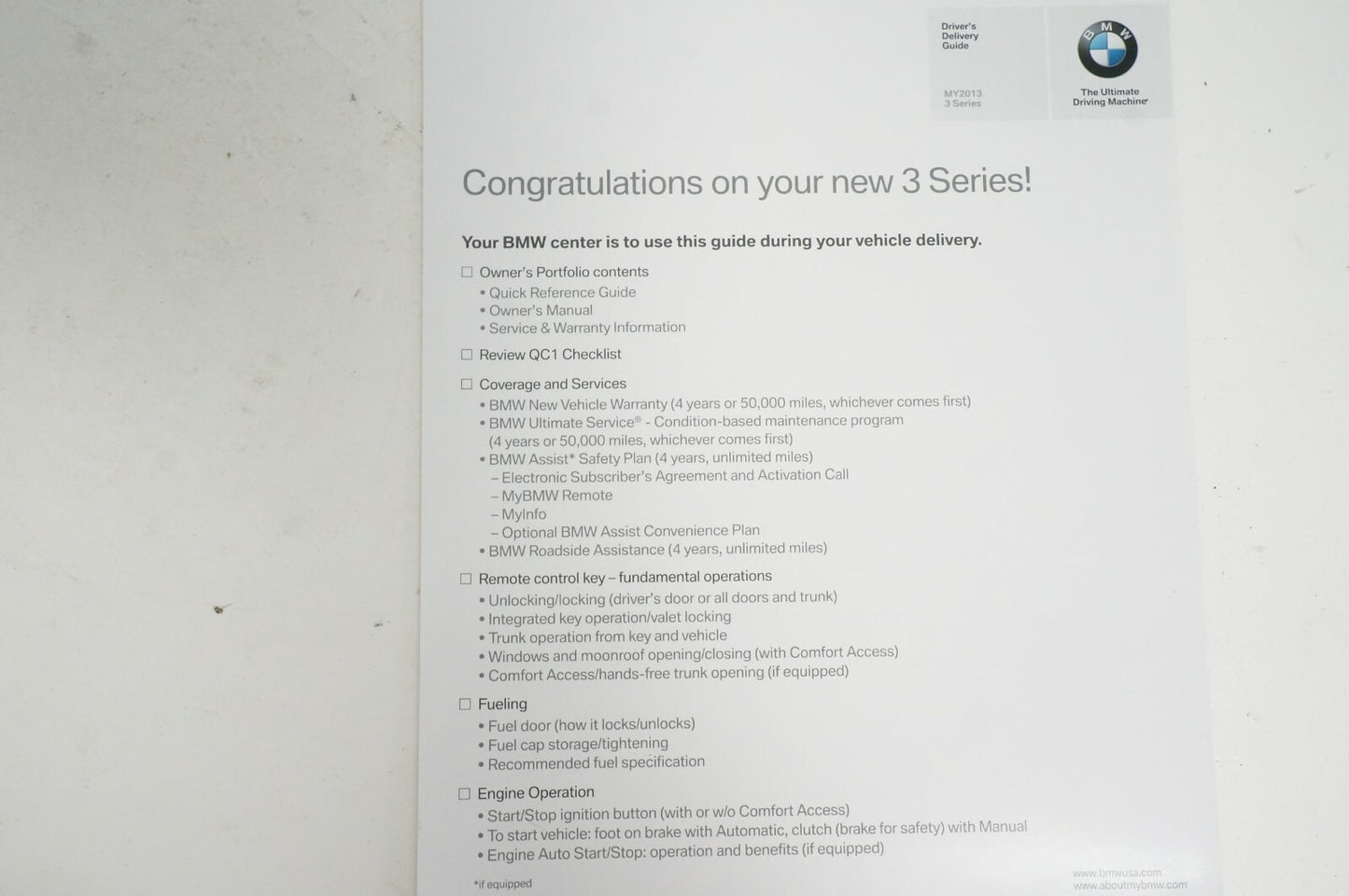BMW 3 Series 2013 Sedan Owners Manual with Case service and warranty information - Alshned Auto Parts