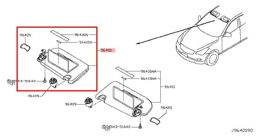 2014-17 Infiniti QX50 Front Passenger Right Side Sun Visor w/ Illuminated Mirror - Alshned Auto Parts