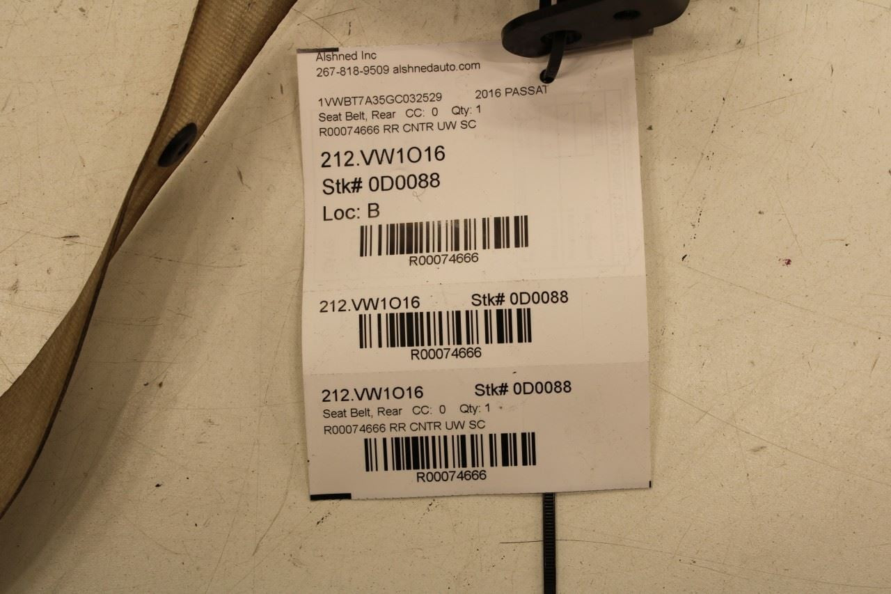12-19 Volkswagen Passat SE FWD Rear Center 2nd Row Seat Belt Retractor w/ Buckle - Alshned Auto Parts