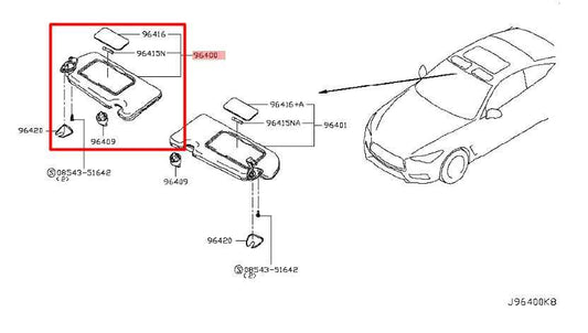 17-22 Infiniti Q60 Luxe Front Right Sun Visor w/ Illuminated Mirror 96400-5CH0B - Alshned Auto Parts