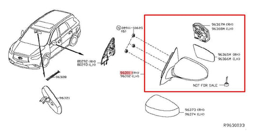 17-20 Nissan Pathfinder SV Passenger Right Side Rear View Mirror 96301-9PJ9A OEM - Alshned Auto Parts