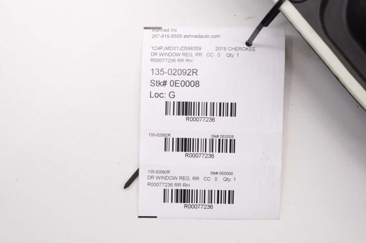 14-23 Jeep Cherokee Limited Rear Right Door Window Regulator w/ Carrier w/ Motor - Alshned Auto Parts