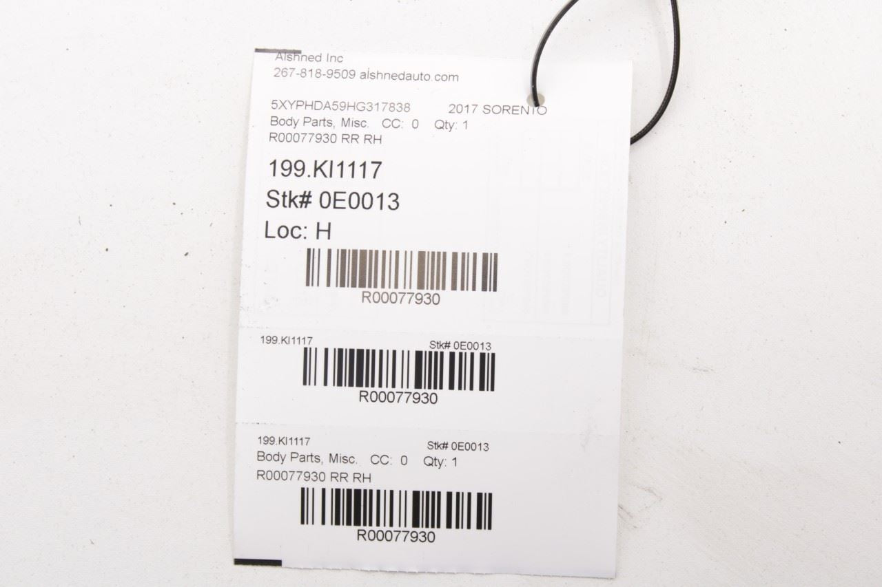 16-18 KIA Sorento EX RR RH Door Run Channel w/ Belt Outer and Inner Weatherstrip - Alshned Auto Parts