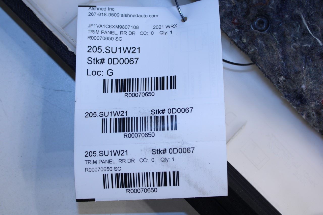 2018-2021 Subaru WRX Premium Rear Left Driver Door Trim Panel 94226VA510VH OEM - Alshned Auto Parts