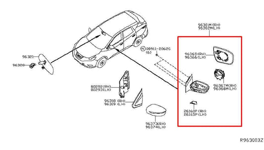 2015-16 Nissan Murano 3.5L AWD Driver Left Side Rear View Mirror 96302-5AA0A OEM - Alshned Auto Parts