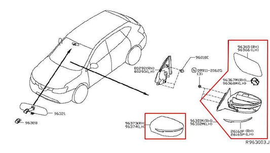 2014-17 Nissan Rogue 2.5L Passenger Right Side Rear View Mirror 96301-4BA0A OEM - Alshned Auto Parts
