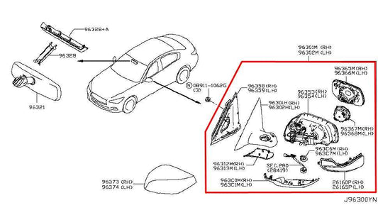 15-19 Infiniti Q50 Premium 3.0L RWD Driver LH Side Rear View Mirror 96302-4HK1A - Alshned Auto Parts