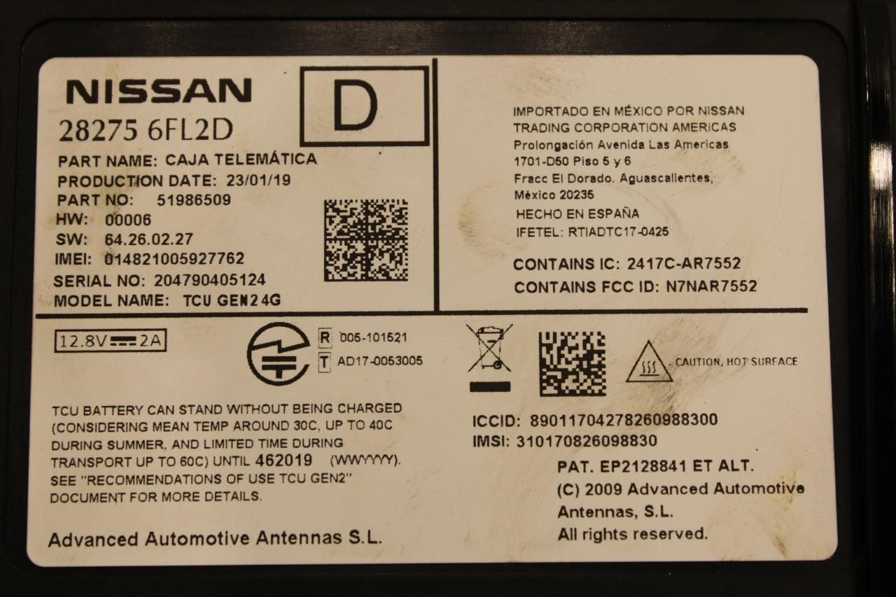 2018-2022 Nissan Altima SL Telematics Communication Control Module 28275-6FL2D - Alshned Auto Parts