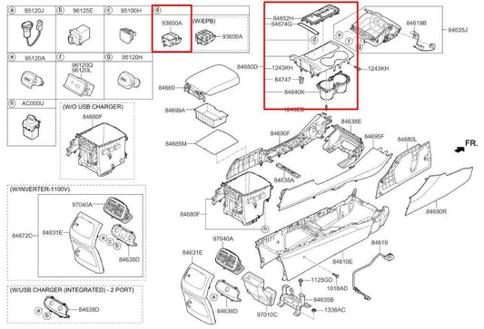 15-20 Kia Sorento EX Center Console Shifter Bezel Trim w/ Cup Holder and Switch - Alshned Auto Parts