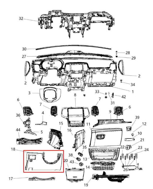 14-19 Jeep Grand Cherokee Summit FR Left Dash Lower Knee Bolster Trim w/ Switch - Alshned Auto Parts