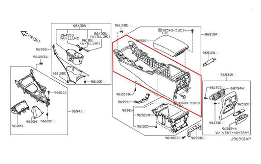 2015-2019 Infiniti Q50 Luxe RWD Center Floor Console Frame Base 96910-4GT1A OEM - Alshned Auto Parts