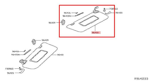 2014-18 Nissan Rogue S Front RH Side Sun Visor w/ Illuminated Mirror 96400-4BA1D - Alshned Auto Parts