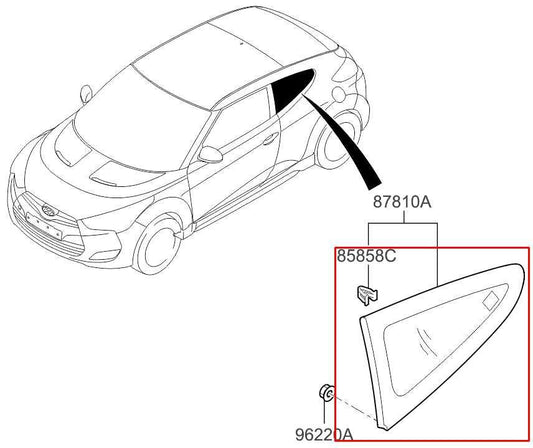 2011-2017 Hyundai Veloster Turbo Rear Left Side Quarter Window Glass 87810-2V000 - Alshned Auto Parts