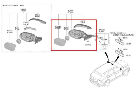 2013-2015 Hyundai Santa Fe Passenger Right Side Rear View Mirror 87620-B8023 OEM - Alshned Auto Parts