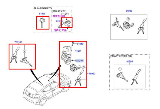 2011-17 Hyundai Veloster Ignition Lock Switch and Door Lock Cylinder Set w/ Fobs - Alshned Auto Parts