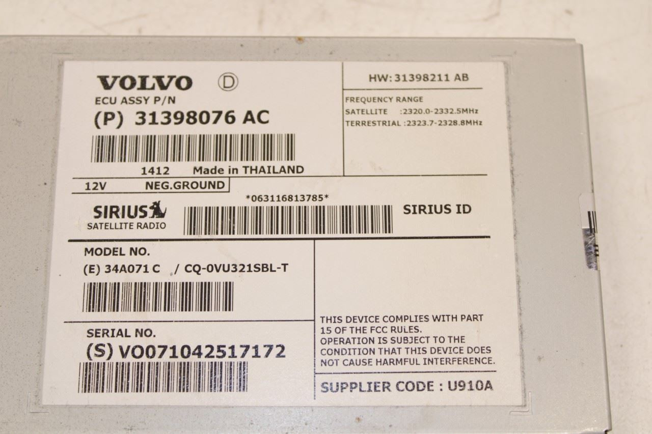 2015 Volvo S60 T5 Premier Sirius Satellite Radio Tuner Receiver 31398076 OEM - Alshned Auto Parts