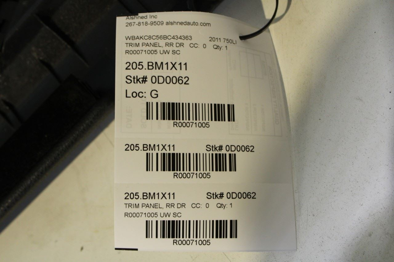 2010-2012 BMW 750Li xDrive Rear Right Passenger Door Trim Panel 51429162262 OEM - Alshned Auto Parts