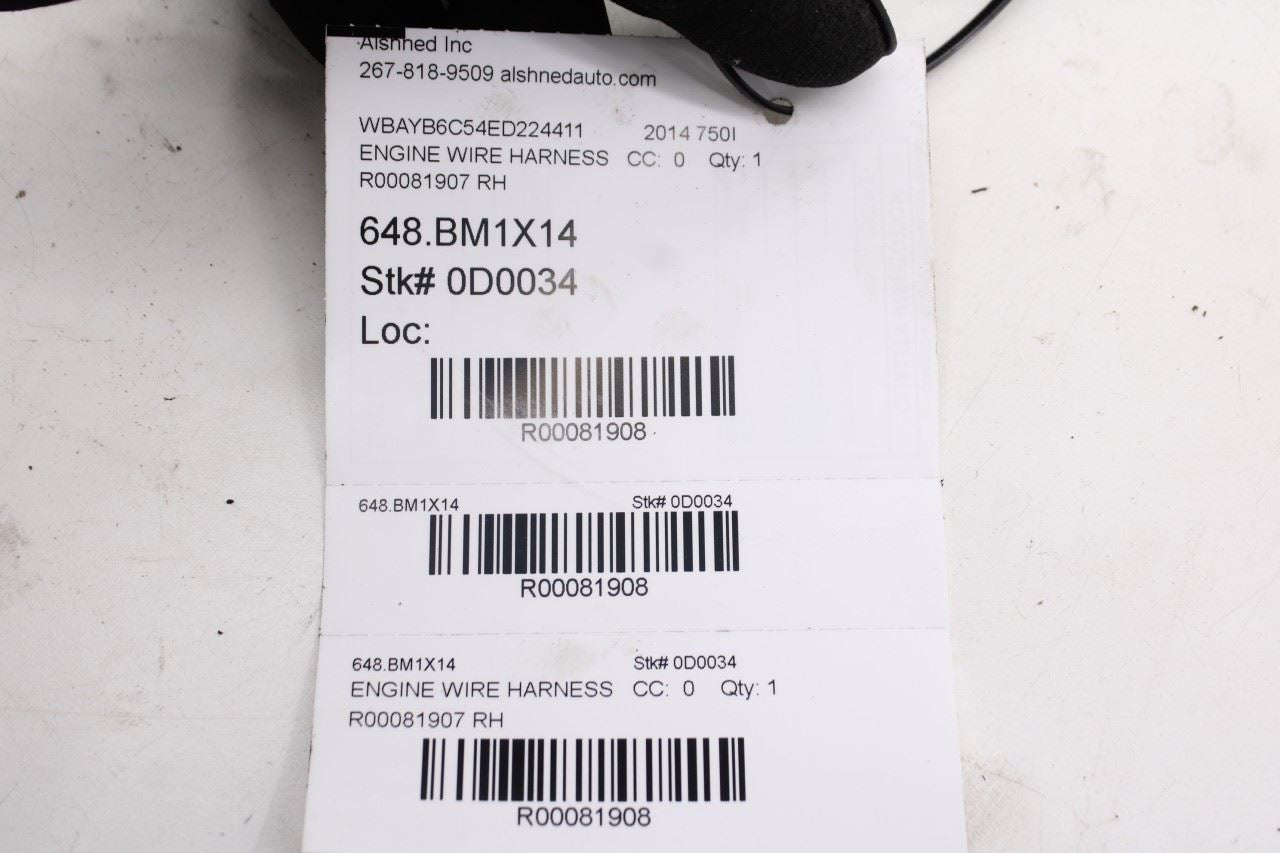 13-15 BMW 750i xDrive 4.4L Twin Turbo Right Side Engine Wire Harness 1251860564911