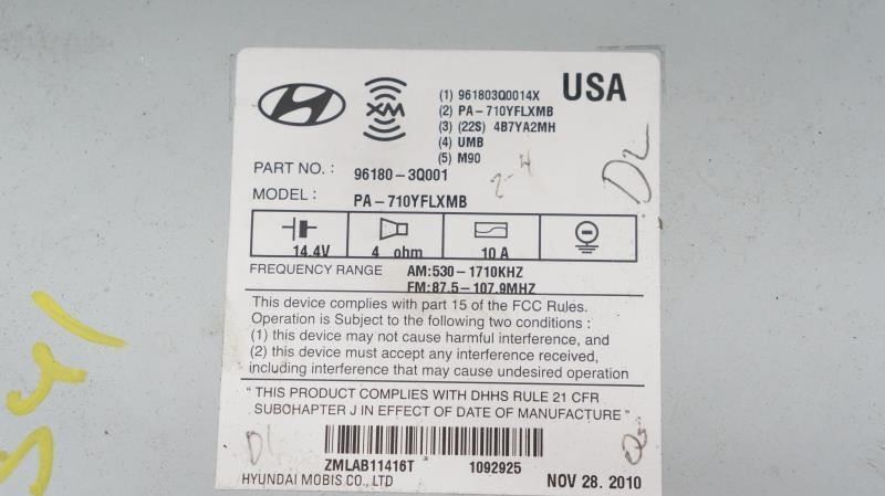 11-12 Hyundai Sonata AM/FM CD SAT Radio OEM 96180-3Q001 Model PA-YFLXMB - Alshned Auto Parts