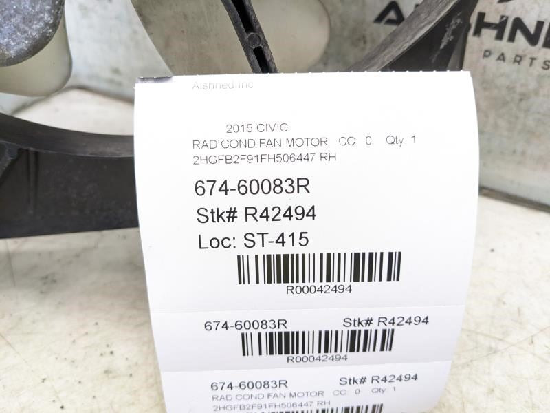 2012-2015 Honda Civic RH Condenser Cooling Fan Motor Assembly 38615-R1A-A01 OEM - Alshned Auto Parts